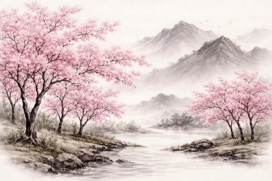 Cherry Blossom Trees by a Serene River with Misty Mountains in the Background