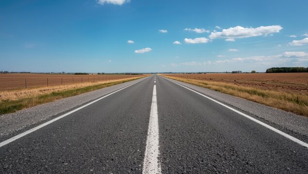 Overhead image of a straight rural road with prominent white painted lane separations