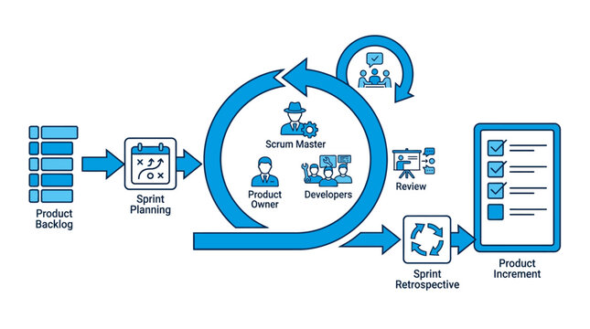 Agile Scrum Methodology Diagram featuring blue line icons showing workflow from backlog to increment, ideal for business presentations and software development training.