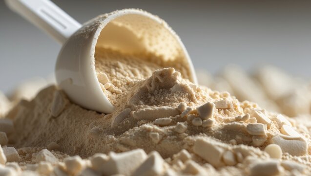 Close-up of whey protein powder in a measuring cup scoop.