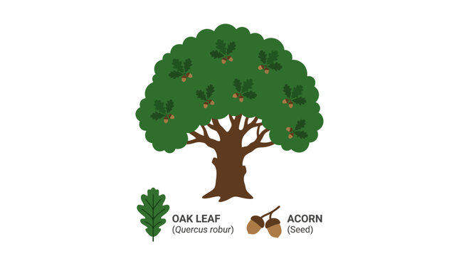 Oak Tree, Leaf, and Acorn Illustration - Botanical Study