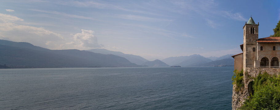 Panoramic View of Santa Caterina del Sasso Monastery on Lake Maggiore Cliffside