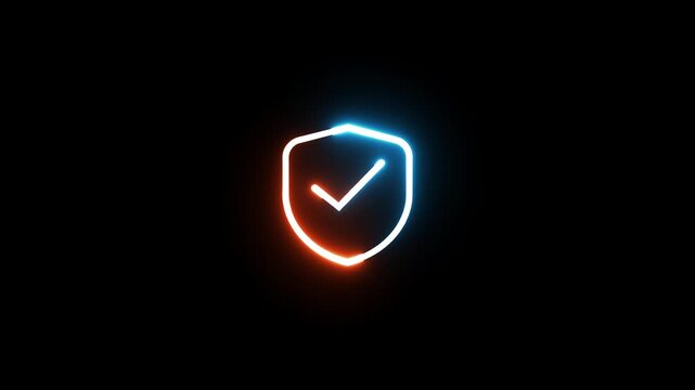 Neon glowing shield with check mark icon animation. security and protection symbol.