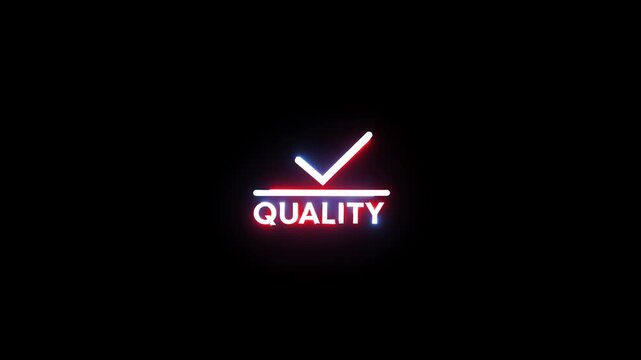 Neon quality check sign flickering with red and blue light on dark background motion loop.