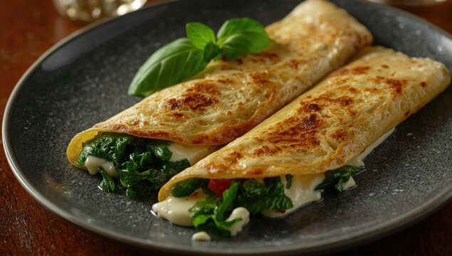 Cheesy Spinach Crepes on Plate - Close-Up, Warm Lighting, Rustic Setting