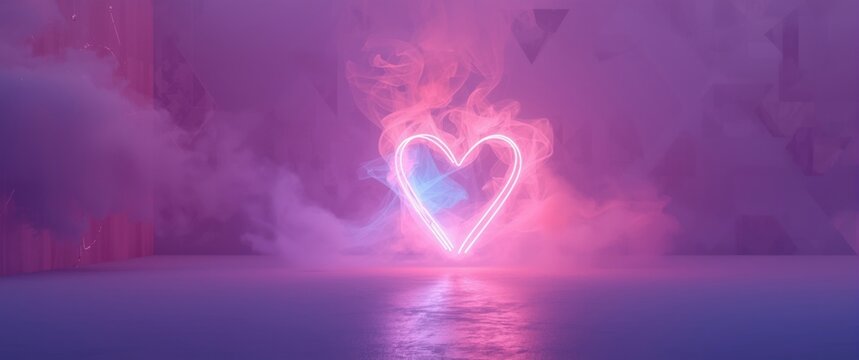 Neon Heart Shaped Light Surrounded by Soft Fog in Pink and Purple Glow