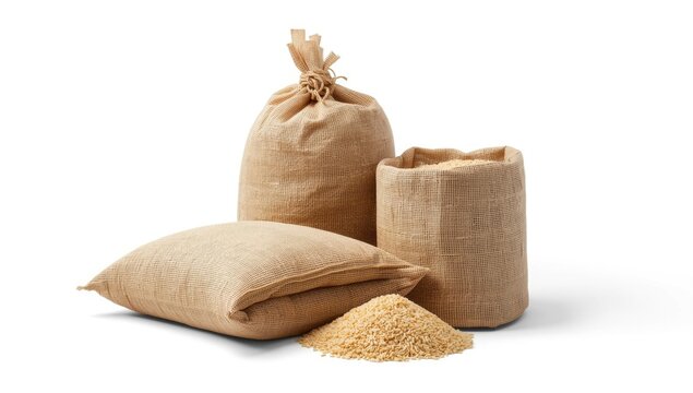 Burlap sacks filled with grains on a white background