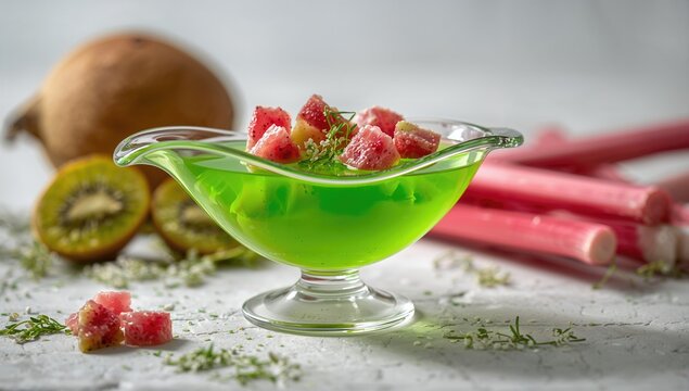 Green Gelatin Dessert with Fruit Cubes - Glass Serving Dish, Fresh Ingredients, Soft Lighting