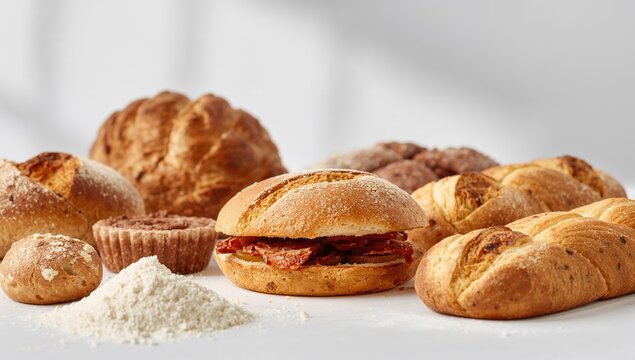 Assorted Fresh Baked Bread Rolls on a Light Background