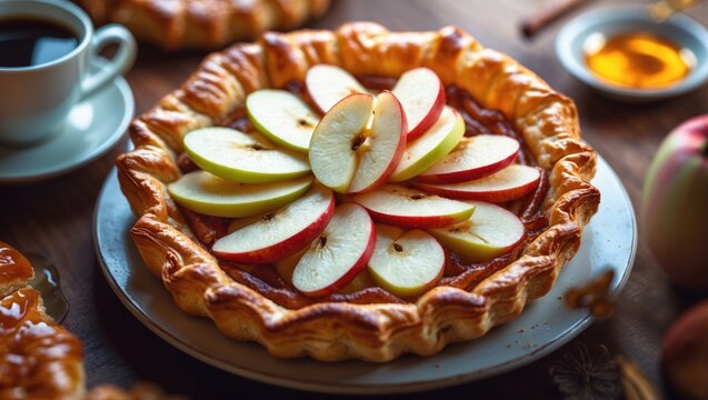 Vertical view of an upside-down puff pastry apple tart presented on a plate.