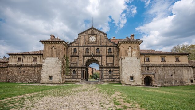 Historic Architectural Entrance of a Grand Building under a Cloudy Sky