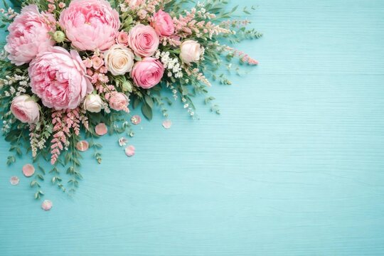Pink Floral Arrangement on Aqua Background with Delicate Details