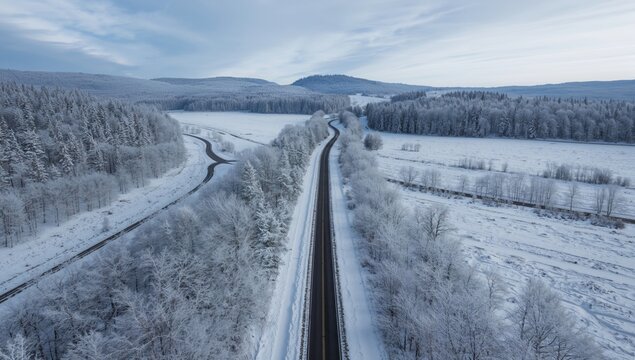 Snowy Road Curving Through Frost Covered Landscape in Winter Daylight