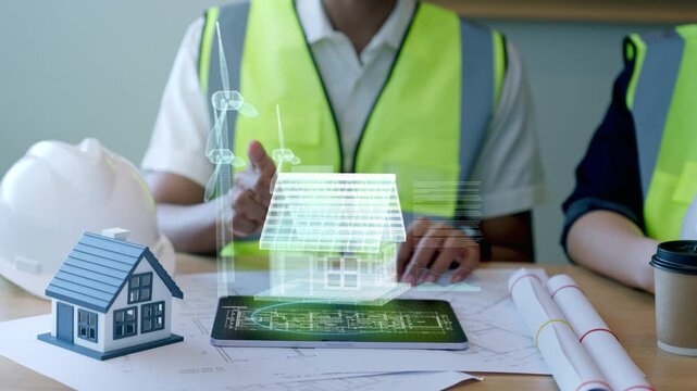 Engineer presenting smart home 3D hologram with wind turbines for renewable energy project.