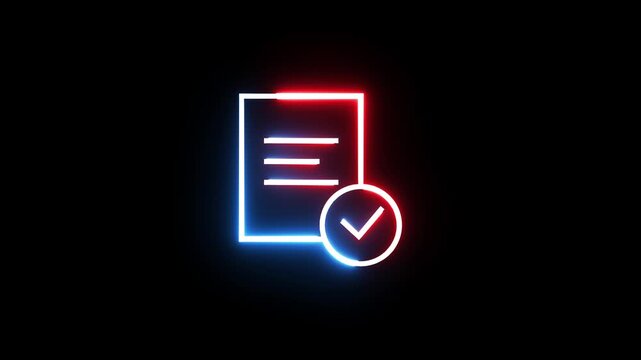 Neon document icon with check mark pulsing motion graphic on black background.
