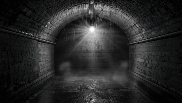 Dimly Lit Tunnel with Waterlogged Floor - Monochrome, Atmospheric, Wide View