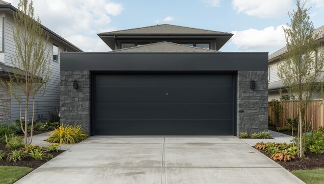 Modern Garage Door with Stone Accents and Landscaped Front Yard Under Cloudy Sky