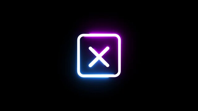 Neon sign of a close button animated with blue and pink glowing light on black background.
