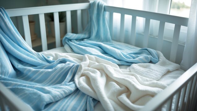 Close-up of a soft white muslin blanket draped over a child's bed.