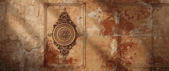 Naklejka premium Ornate Wall Decoration on Rustic Weathered Background with Warm Light