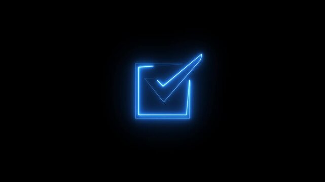Blue neon checkbox animation with glowing check mark icon moving on black background clip.