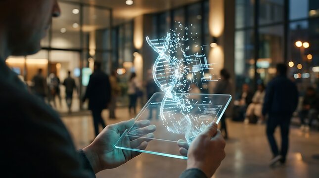 Futuristic DNA Hologram on Transparent Tablet in Modern Office