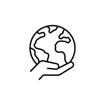 Minimalist icon of a human hand holding a planet earth globe with protection minimalist earthday