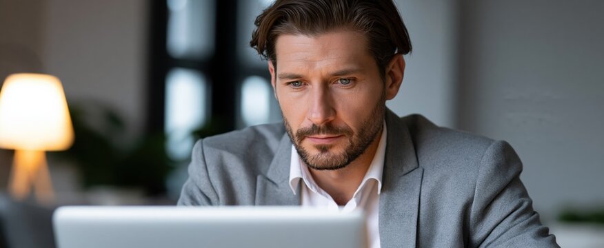 A dedicated worker assessing cloud-based integrated management software on a laptop in a sleek office