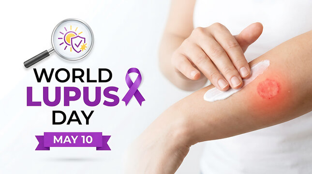 World lupus day awareness poster with purple ribbon and rash