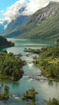 Aerial view of Lovatnet lake (loen lake) and mountain valley in Norway.