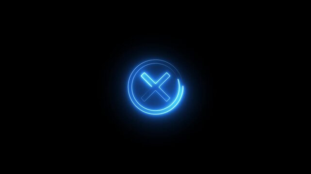 Blue neon cancel icon animation featuring glowing x symbol in circular frame motion design.