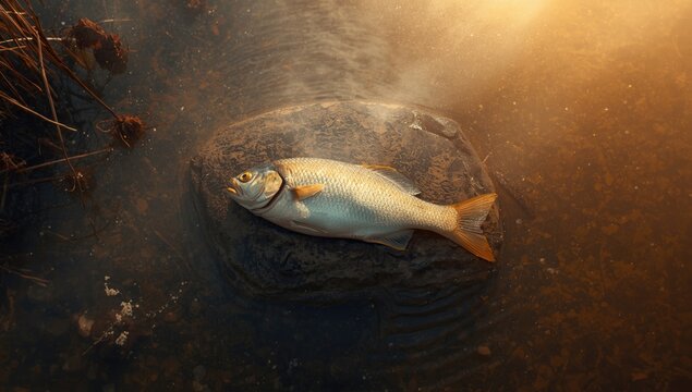 Fish Resting on a Rock - Still Water at Sunset, Warm Glow