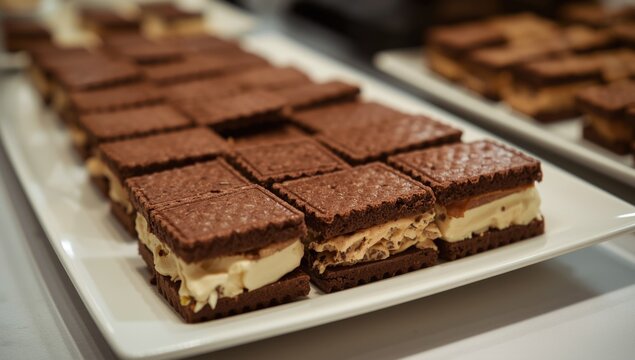 Chocolate Wafer Desserts Filled with Cream on a White Platter