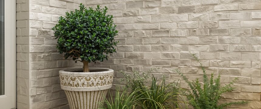 Decorative Potted Plant with Topiary and Greenery against a Brick Wall