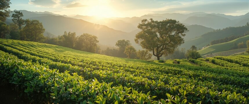 Sunrise Over Tea Plantations with Rolling Hills and Soft Light