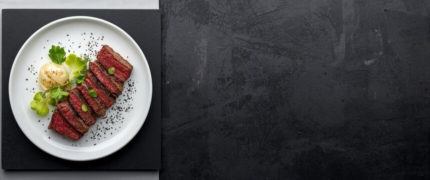 Grilled Steak Slices with Herb Garnish and Mashed Potato on a White Plate