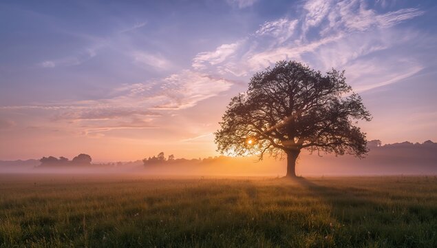 Solitary Tree Silhouetted Against a Misty Sunrise on a Grassy Field