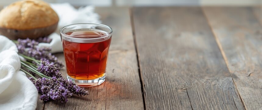 Glass of Tea with Lavender Sprigs and Fresh Bread on Wooden Table