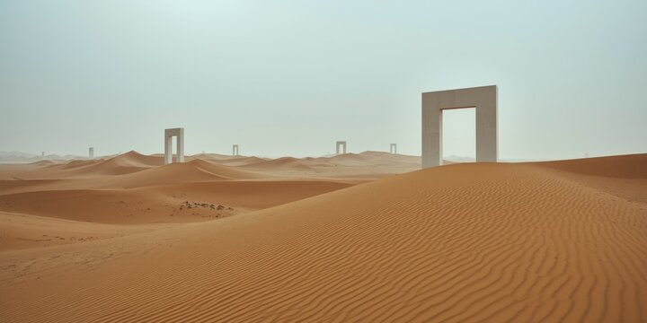 Desert Landscape with Abstract White Structures and Sand Dunes Under Overcast Sky