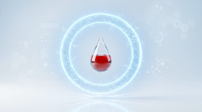 Red blood drop inside a glowing science circle