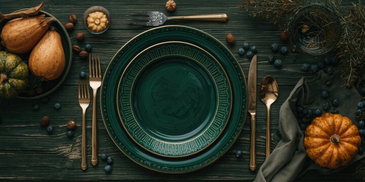 Elegant Dining Table Set with Green Plates and Autumn Decorations