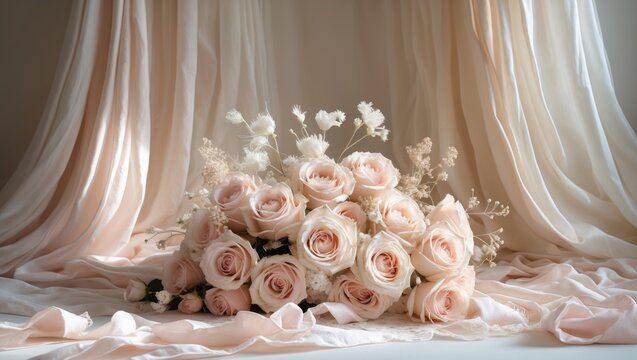 This beautiful bouquet features an assortment of soft pastel flowers, such as roses and delicate blooms, skillfully arranged on a light fabric surface.