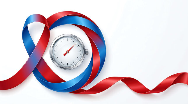 Silver stopwatch wrapped with red and blue ribbons