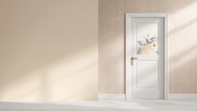 Elegant White Door with Floral Design - Minimalist Interior, Soft Natural Light