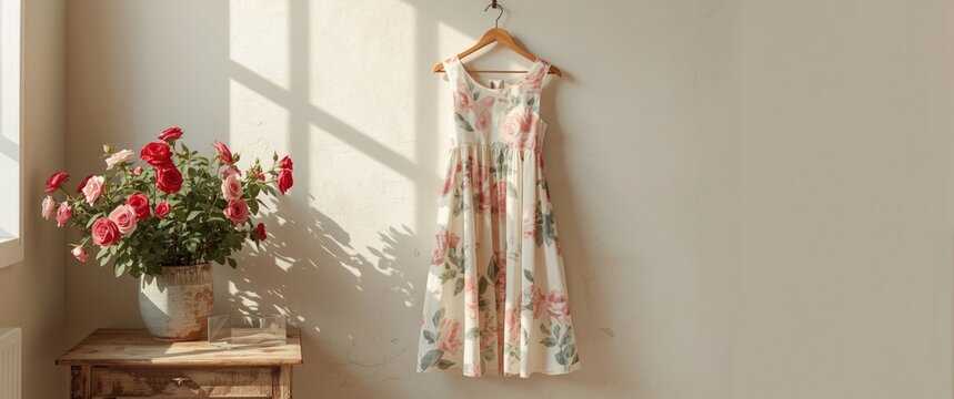 Floral Dress Hanging in Sunlit Room - Vintage Style, Soft Shadows, Cozy Atmosphere