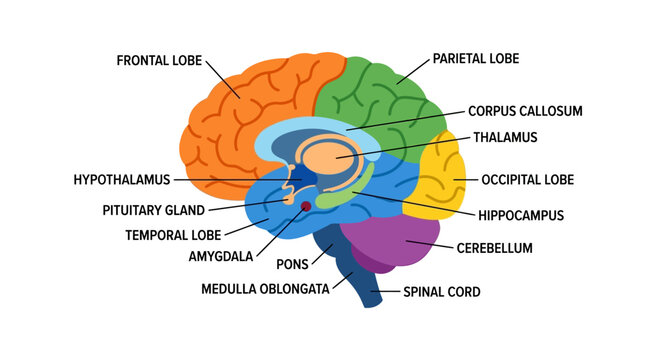 Human Brain Anatomy Diagram - Labeled Lobes and Structures