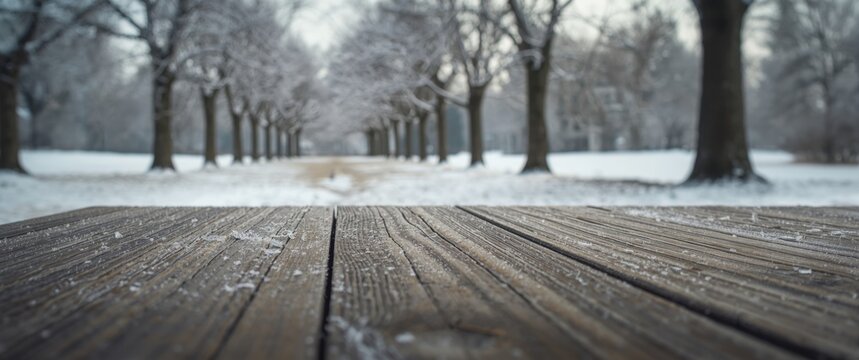 Wooden Table in Winter Park with Snow Covered Trees in Background