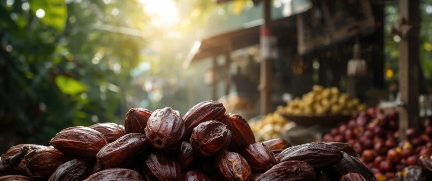 Fresh Dates Piled at a Market Stall with Sunlight Filtering Through Trees