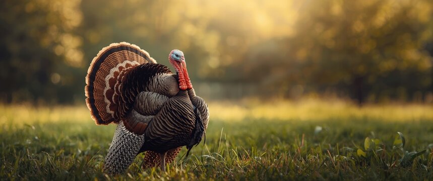Wild Turkey Strutting in Golden Hour Light on a Meadow