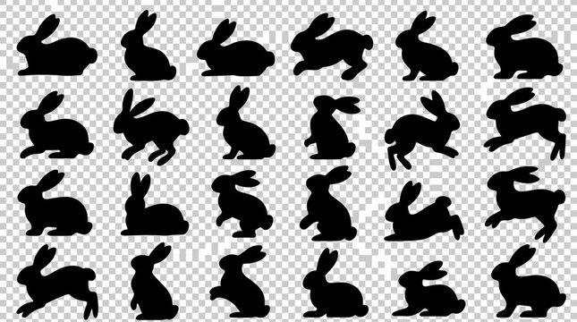 Rabbit silhouette collection, 24 black bunny icons in various poses, jumping and sitting hare vector set for Easter and nature designs